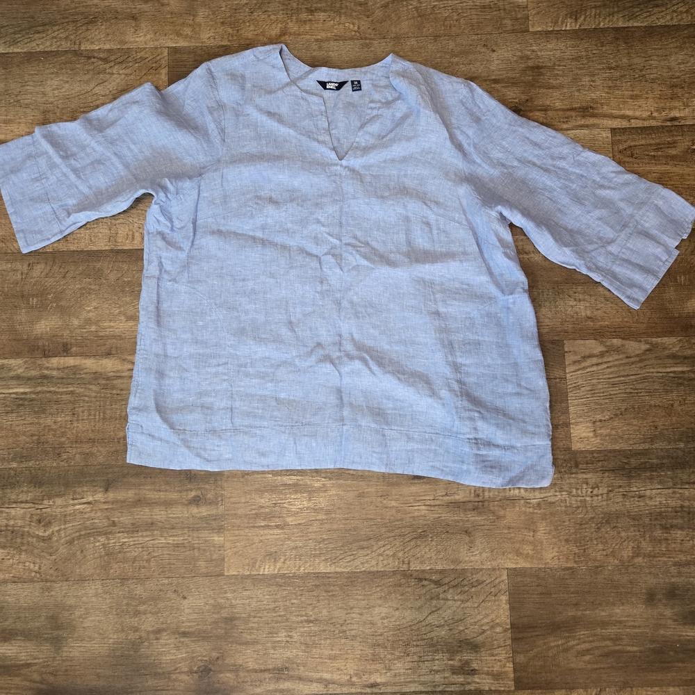 Lands' End Womens Linen Light Blue Blouse 3X 24W-26W